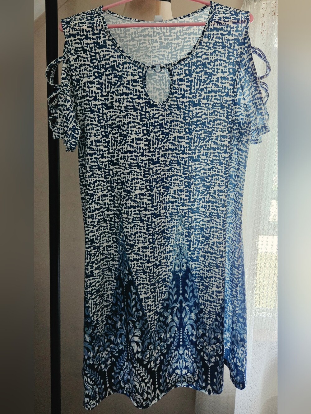 Blue & White Patterned Cold-Shoulder Tunic Dress